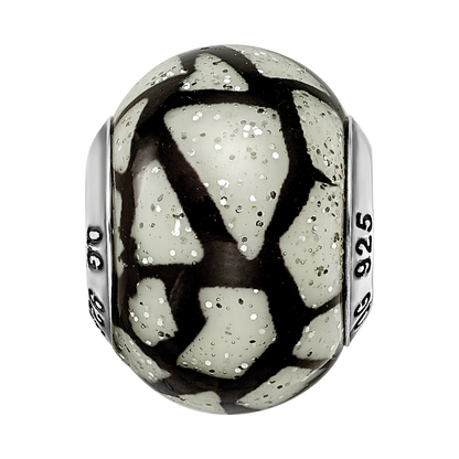 Sterling Silver Reflections White/Black w/Glitter Overlay Glass Bead