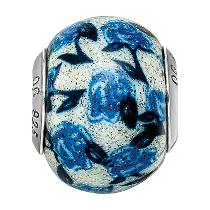 Sterling Silver Reflections Blue Rose Glitter Overlay Glass Bead