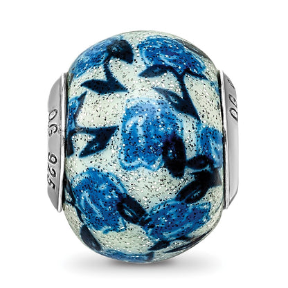 Sterling Silver Reflections Blue Rose Glitter Overlay Glass Bead