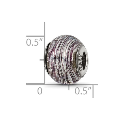 Sterling Silver Reflections Italian Murano Purple Stripes Glass Bead