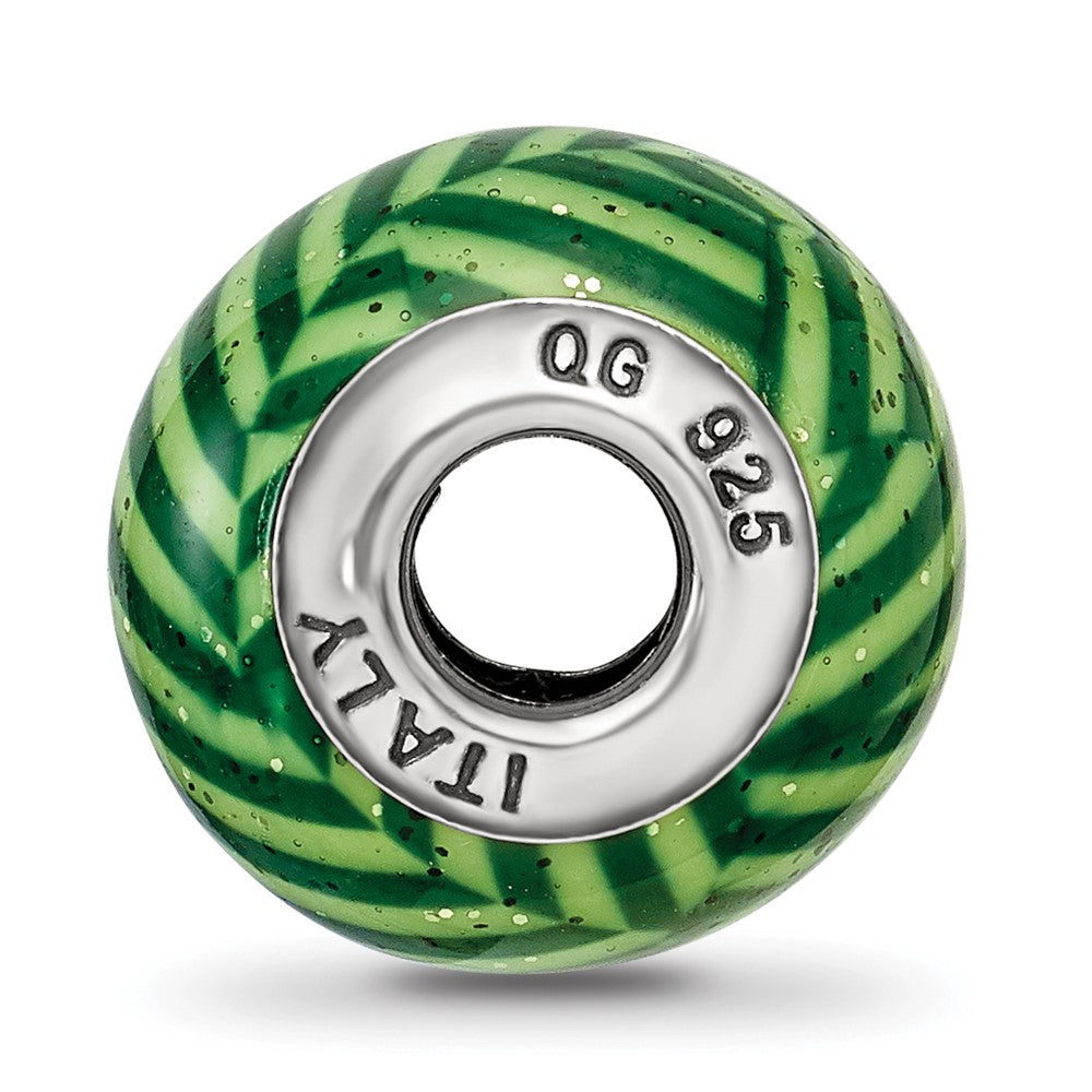 Sterling Silver Reflections Italian Green Stripes w/Glitter Glass Bead