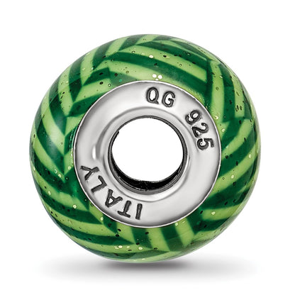 Sterling Silver Reflections Italian Green Stripes w/Glitter Glass Bead