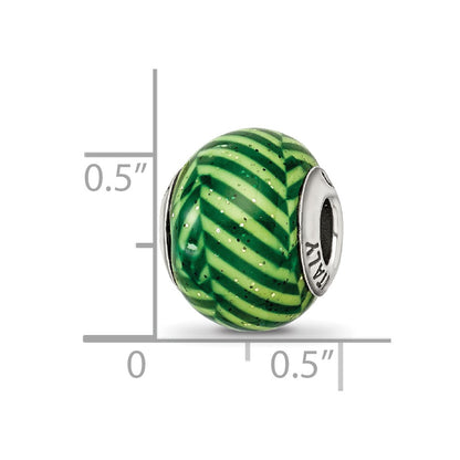 Sterling Silver Reflections Italian Green Stripes w/Glitter Glass Bead
