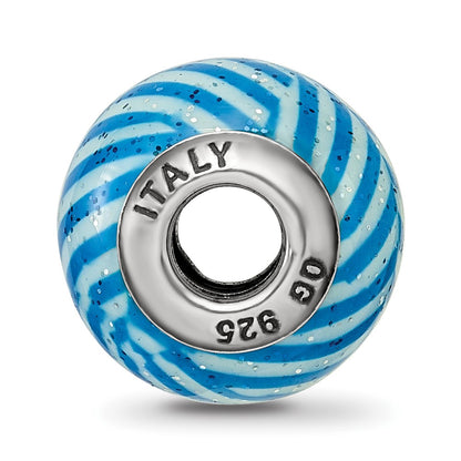 Sterling Silver Reflections Italian Blue Stripes w/Glitter Glass Bead