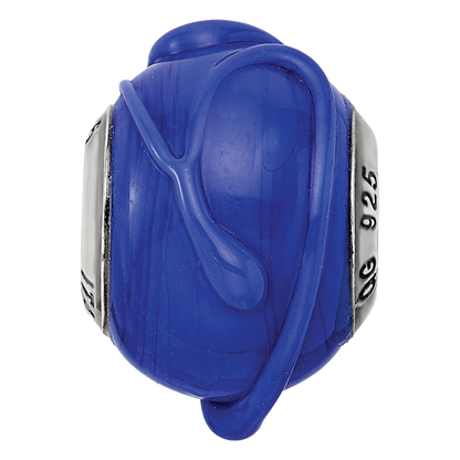 Sterling Silver Reflections Italian Dark Blue w/Textured Lines Glass Bead