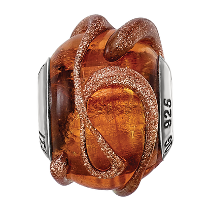 Sterling Silver Reflections Italian Brown w/Textured Lines Glass Bead