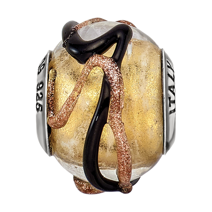 Sterling Silver Reflections Italian Yellow/Black/Brown Lines Glass Bead