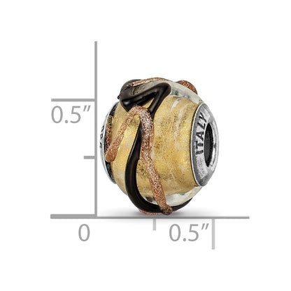Sterling Silver Reflections Italian Yellow/Black/Brown Lines Glass Bead