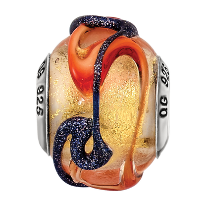 Sterling Silver Reflections Italian Yellow Blue/Orange Lines Glass Bead