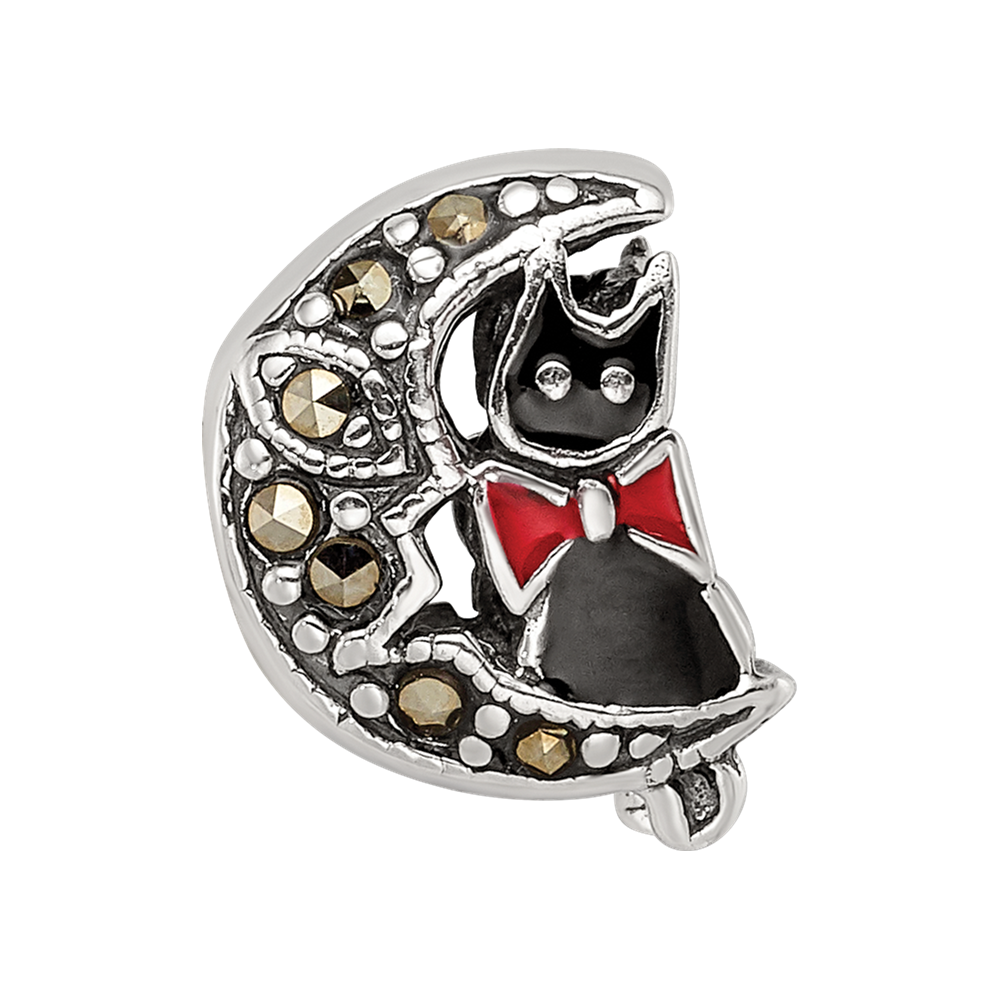 Sterling Silver Reflections Marcasite & Enameled Cat & Moon Bead