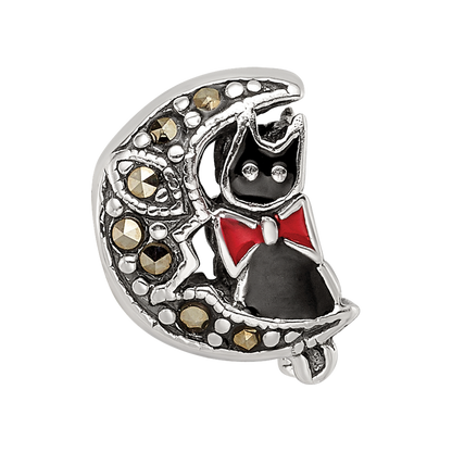 Sterling Silver Reflections Marcasite & Enameled Cat & Moon Bead