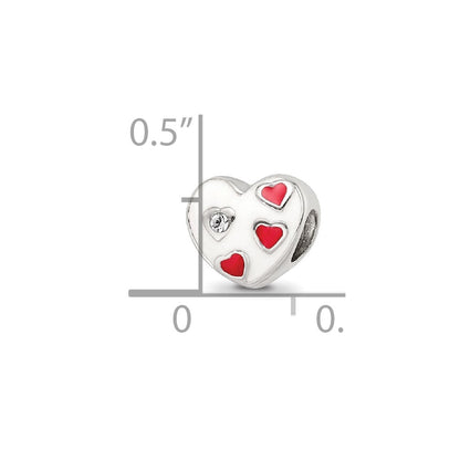 Kids Collection Sterling Silver Crystal and Enameled White Heart with Red Hearts Reflections Bead