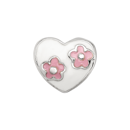 Kids Collection Sterling Silver Enameled White Heart with Pink Flowers Reflections Bead
