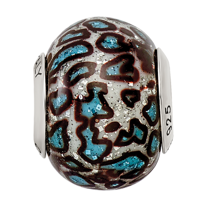 Sterling Silver Reflection Teal Print Overlay Italian Glass Bead