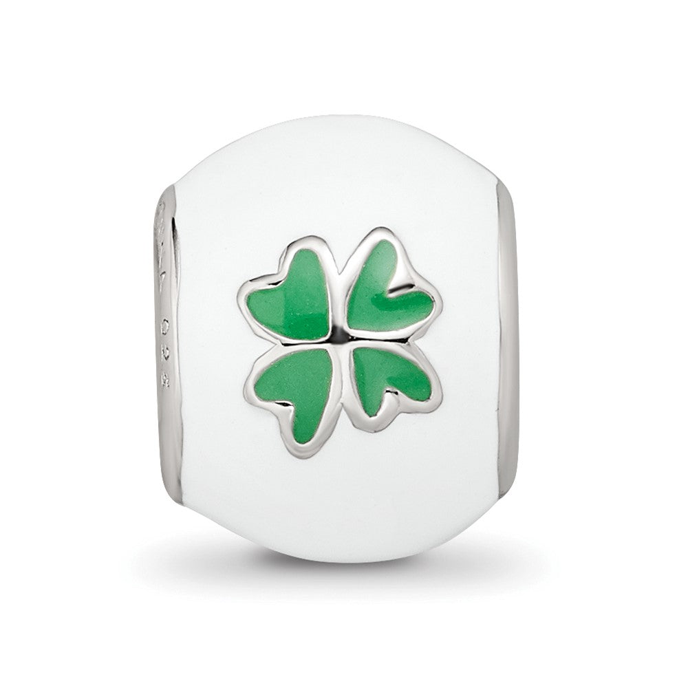 Sterling Silver Reflections Rhodium-plated White & Green Enamel Clover Bead