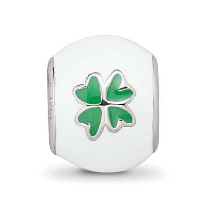 Sterling Silver Reflections Rhodium-plated White & Green Enamel Clover Bead