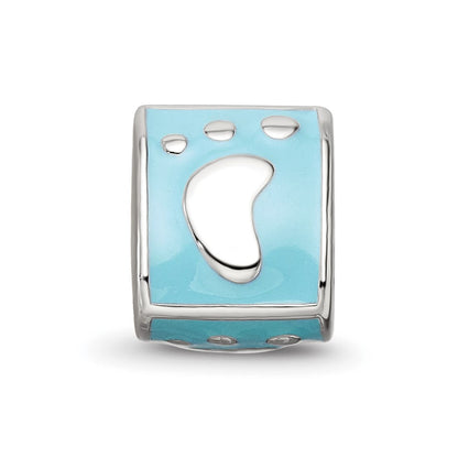 SS Reflections Rh-plated Blue Enamel 3-side Baby Footprint Bead