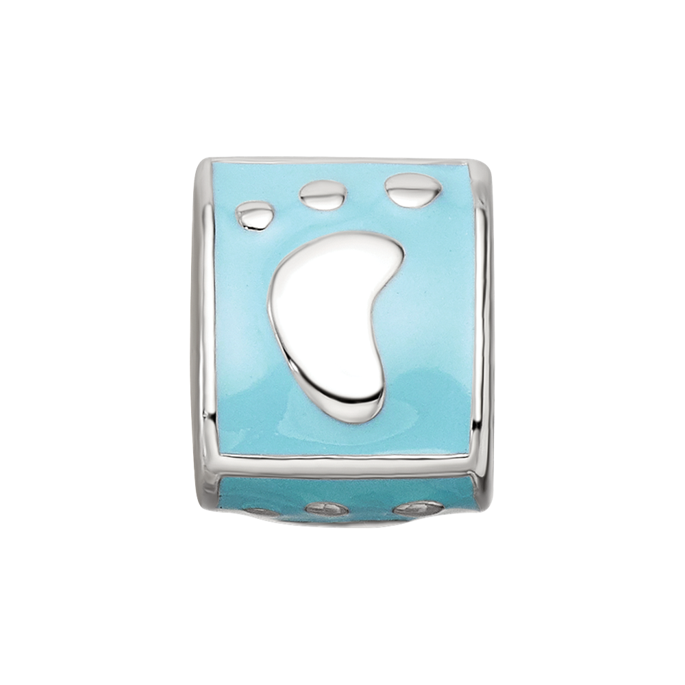 SS Reflections Rh-plated Blue Enamel 3-side Baby Footprint Bead
