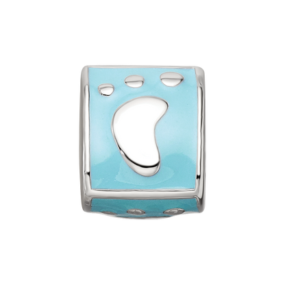 SS Reflections Rh-plated Blue Enamel 3-side Baby Footprint Bead