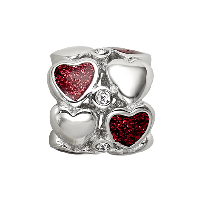 Sterling Silver Reflections Red Enamel Crystal Hearts Bead