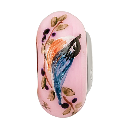 Ster.Silver Reflections Pink Hand Painted Nuthatch Fenton Glass Bead