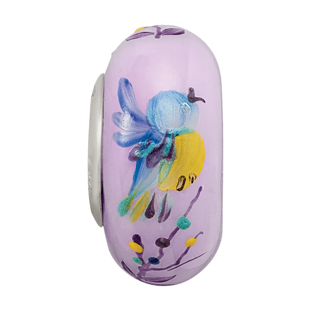 Ster.Silver Reflections Hand Painted TJ Bird Floral Fenton Glass Bead