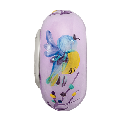 Ster.Silver Reflections Hand Painted TJ Bird Floral Fenton Glass Bead