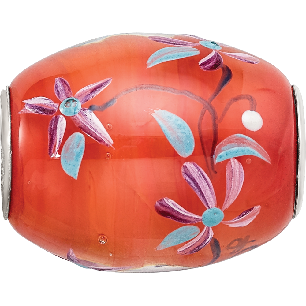 Ster.Silver Reflections Orange Hand Painted Floral Fenton Glass Bead