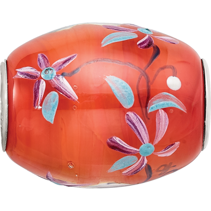 Ster.Silver Reflections Orange Hand Painted Floral Fenton Glass Bead
