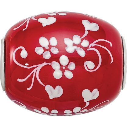 Ster.Silver Reflections Red Hand Painted Floral Hearts Fenton Glass Bead