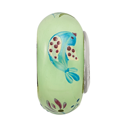 Ster.Silver Reflections Green Hand Painted Calico Bird Fenton Glass Bead