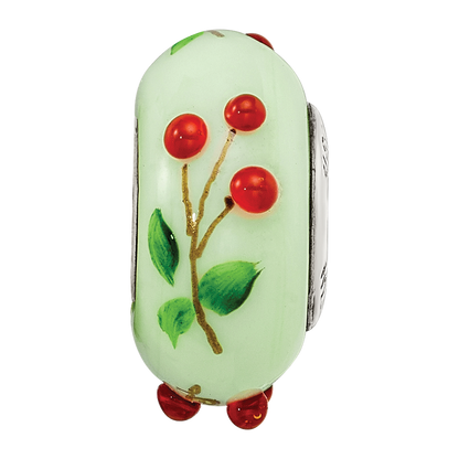 Ster.Silver Reflections Green Hand Painted Cherries Fenton Glass Bead