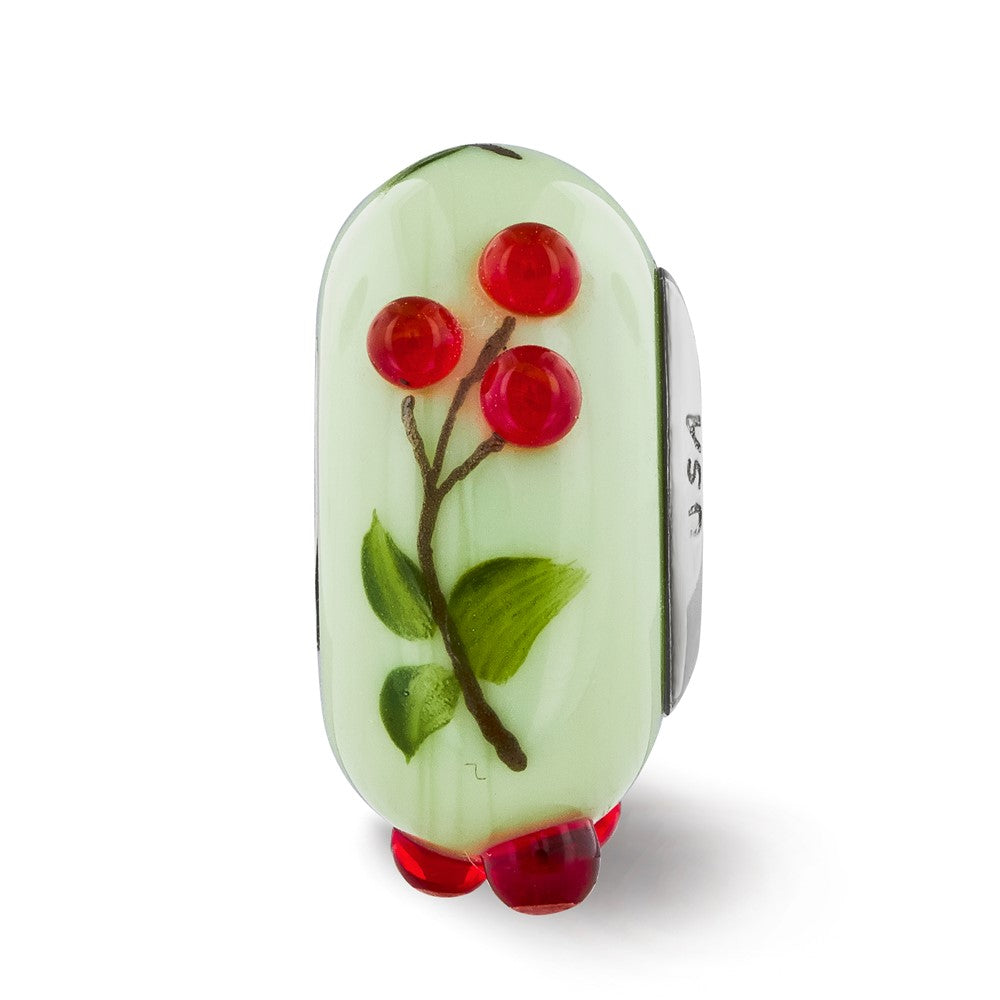 Ster.Silver Reflections Green Hand Painted Cherries Fenton Glass Bead