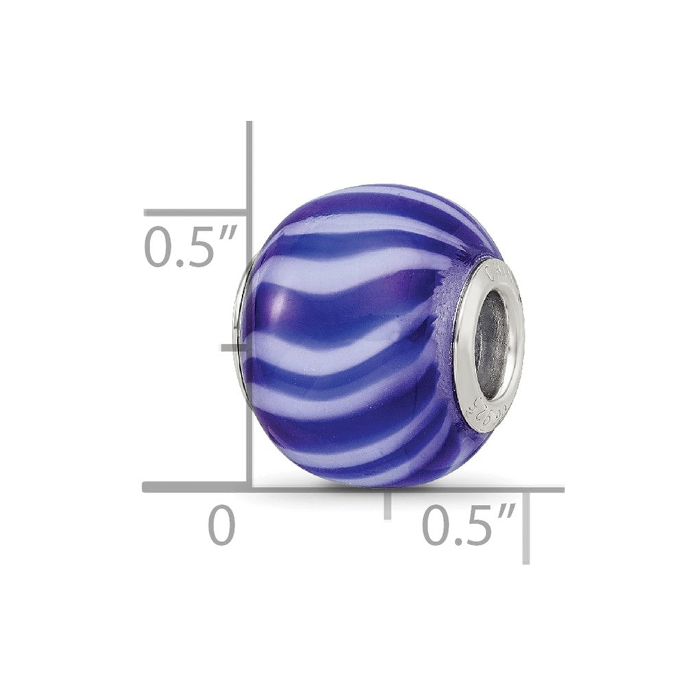 Sterling Silver Reflections Rhodium-plated Blue & White Striped Glass Bead
