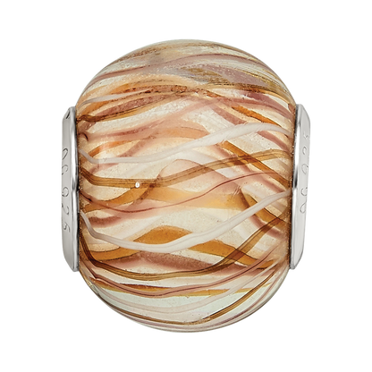 Sterling Silver Reflections Rh-plated Brown and White Striped Glass Bead