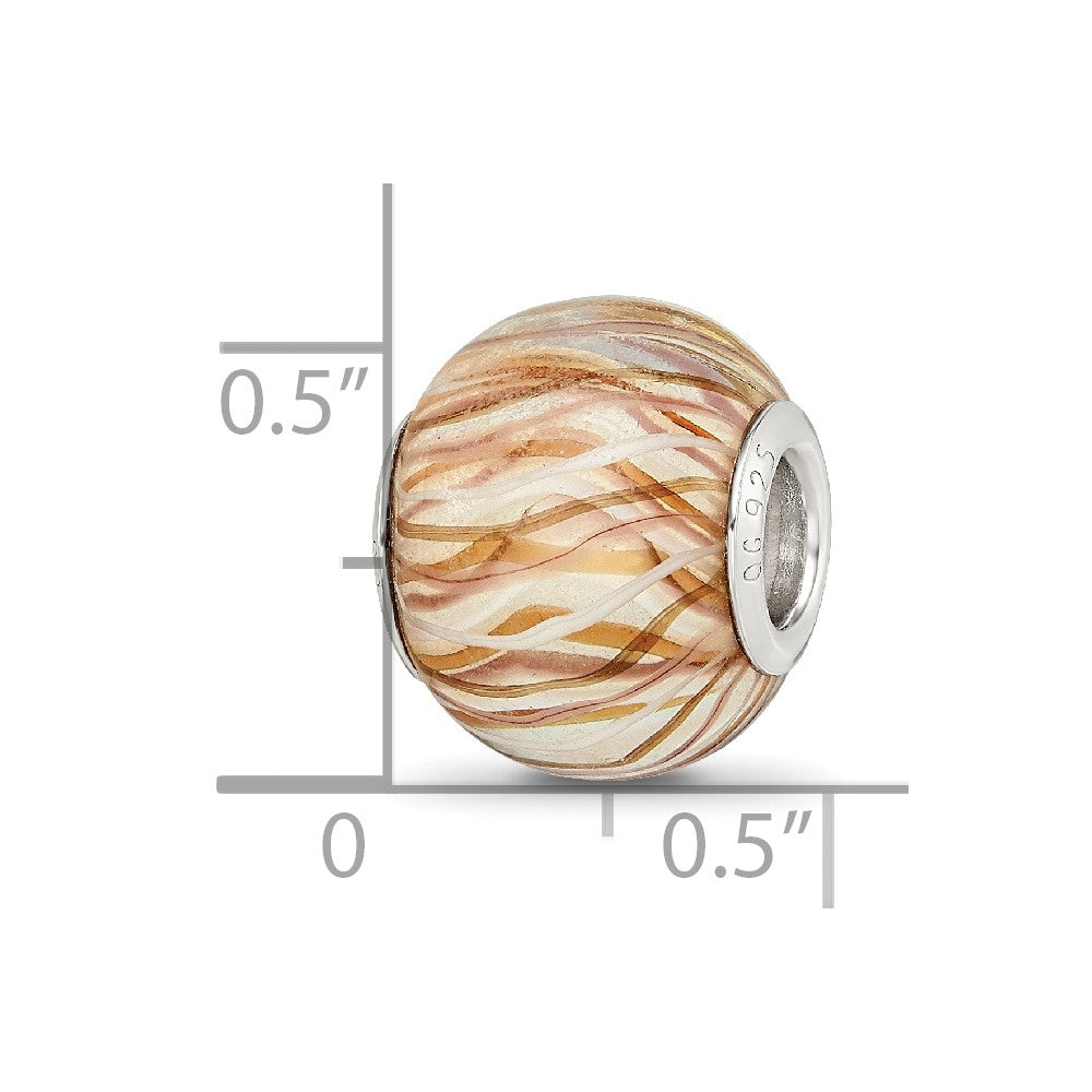 Sterling Silver Reflections Rh-plated Brown and White Striped Glass Bead