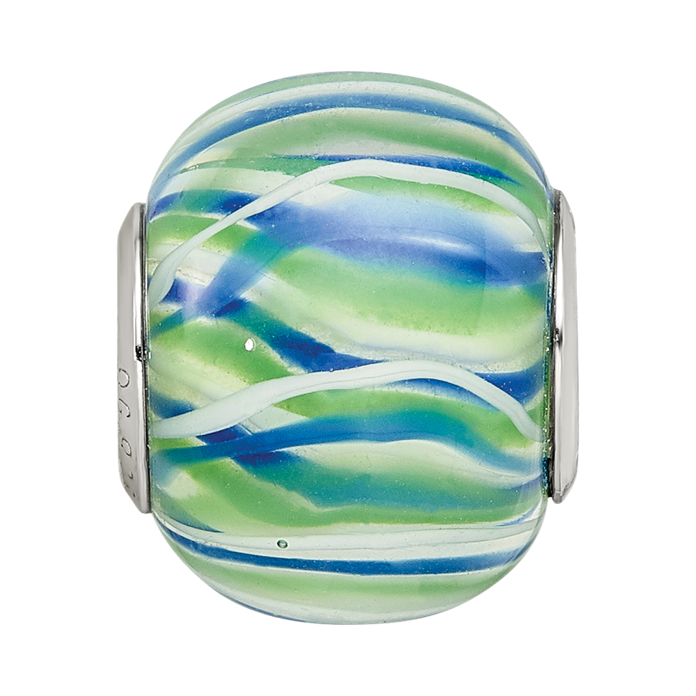 Sterling Silver Reflections Rh-plated Blue Green & White Striped Glass Bead