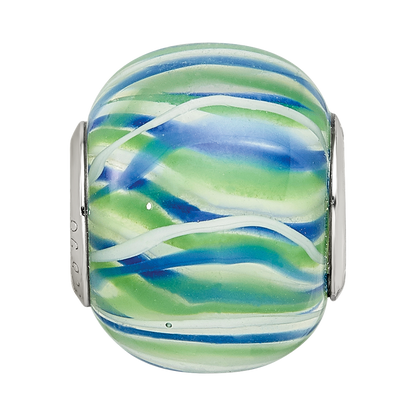 Sterling Silver Reflections Rh-plated Blue Green & White Striped Glass Bead