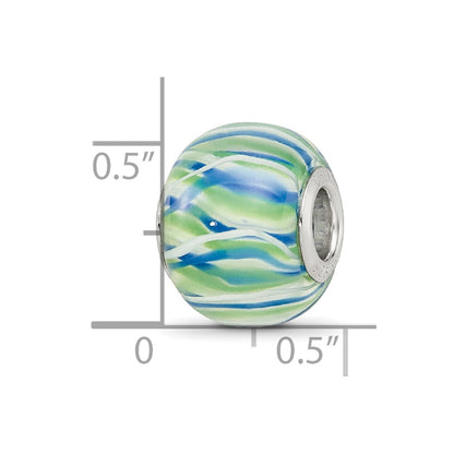 Sterling Silver Reflections Rh-plated Blue Green & White Striped Glass Bead