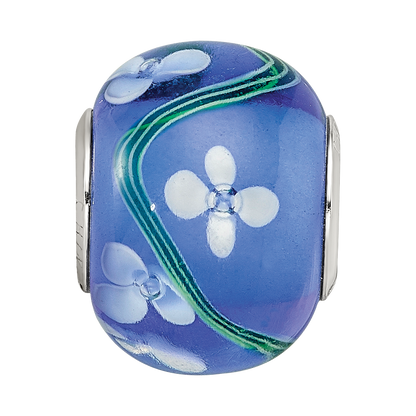 Sterling Silver Reflections Rhodium-plated White Floral Blue Glass Bead