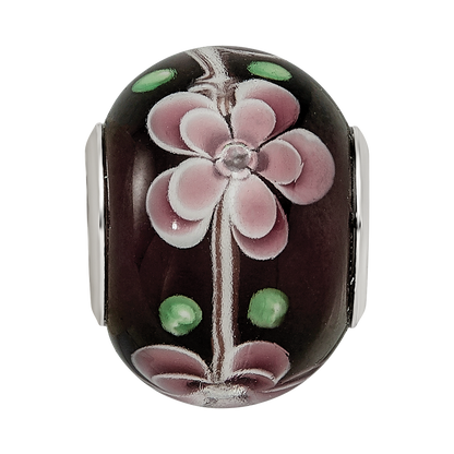 Sterling Silver Reflections Rh-plated Pink & Green Floral Black Glass Bead