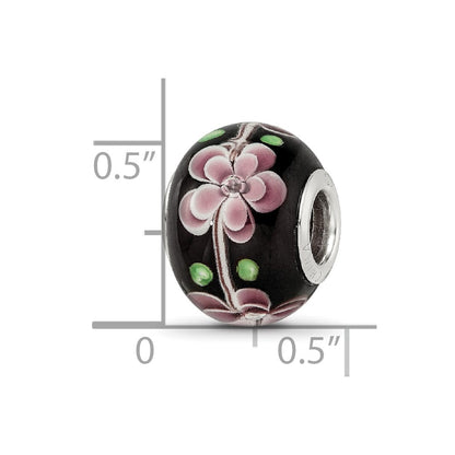 Sterling Silver Reflections Rh-plated Pink & Green Floral Black Glass Bead