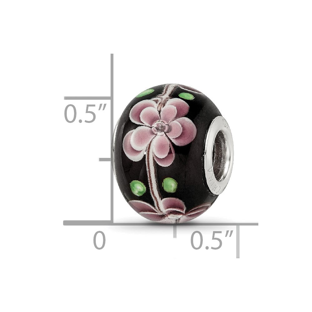 Sterling Silver Reflections Rh-plated Pink & Green Floral Black Glass Bead