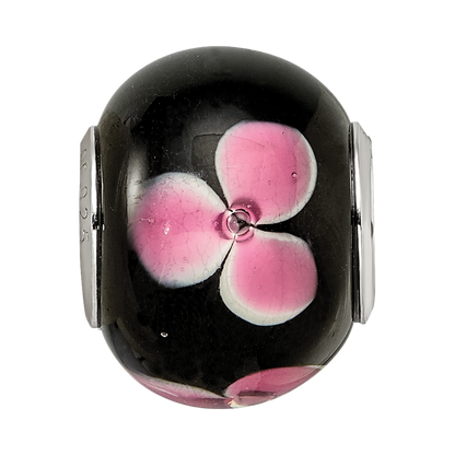 Sterling Silver Reflections Rh-plated Pink Floral Black Glass Bead