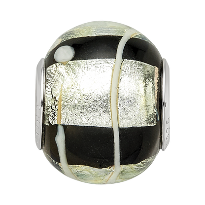 Sterling Silver Reflections rh-plated Foil White Striped Black Glass Bead