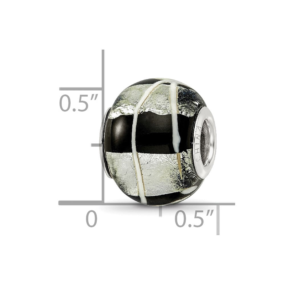 Sterling Silver Reflections rh-plated Foil White Striped Black Glass Bead
