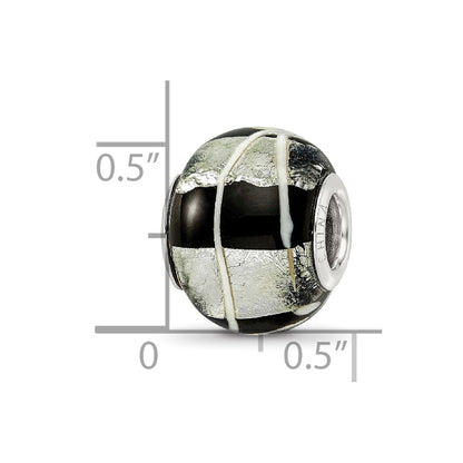 Sterling Silver Reflections rh-plated Foil White Striped Black Glass Bead
