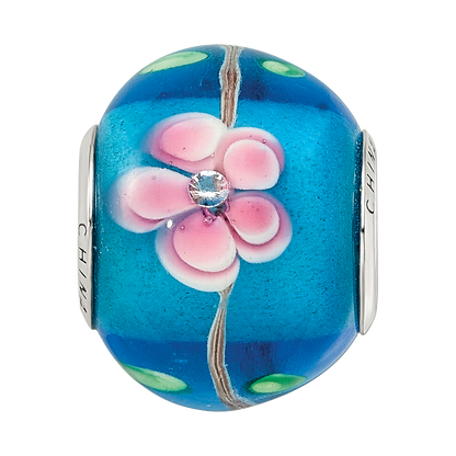 Sterling Silver Reflections rh-plated CZ Blue & Pink Floral Blue Glass Bead