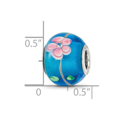 Sterling Silver Reflections rh-plated CZ Blue & Pink Floral Blue Glass Bead