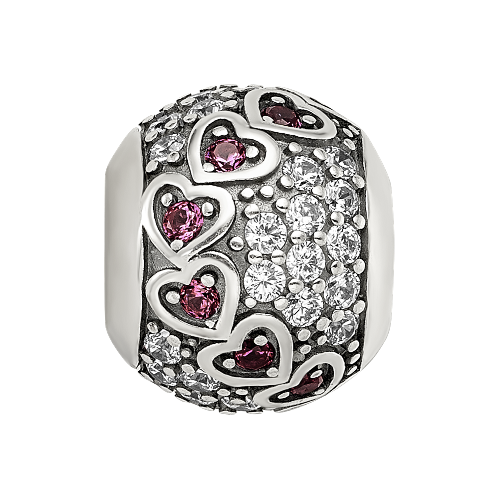 Sterling Silver Reflections Antiqued CZ & Red Corundum Hearts Bead